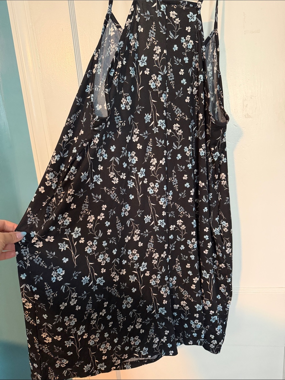 Black Floral Spaghetti Strap Romper with Blue and White Flowers size 3X - Picture 3 of 5